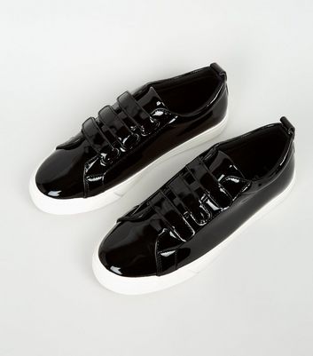 Black Patent Rip Tape Trainers | New Look
