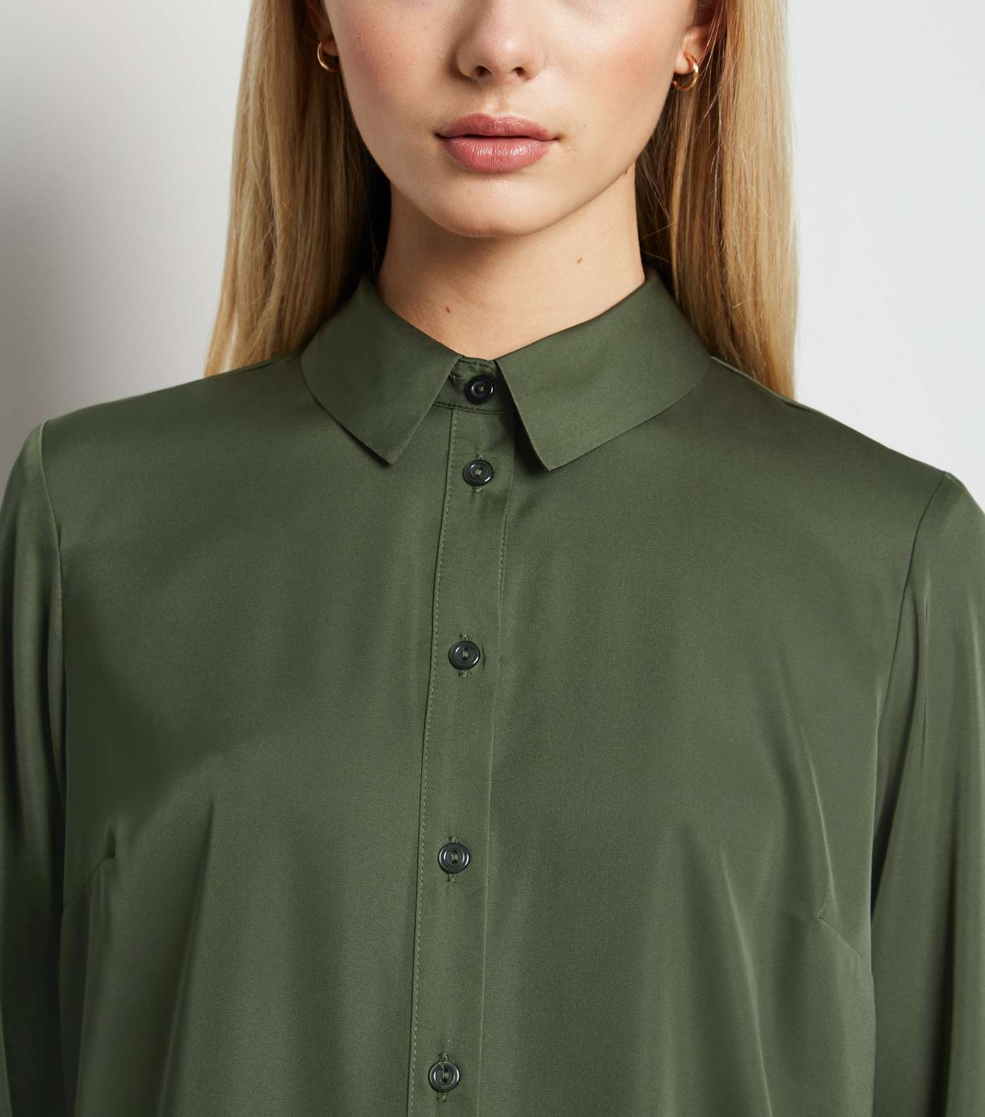 Khaki Satin Longline Long Sleeve Shirt Image 5