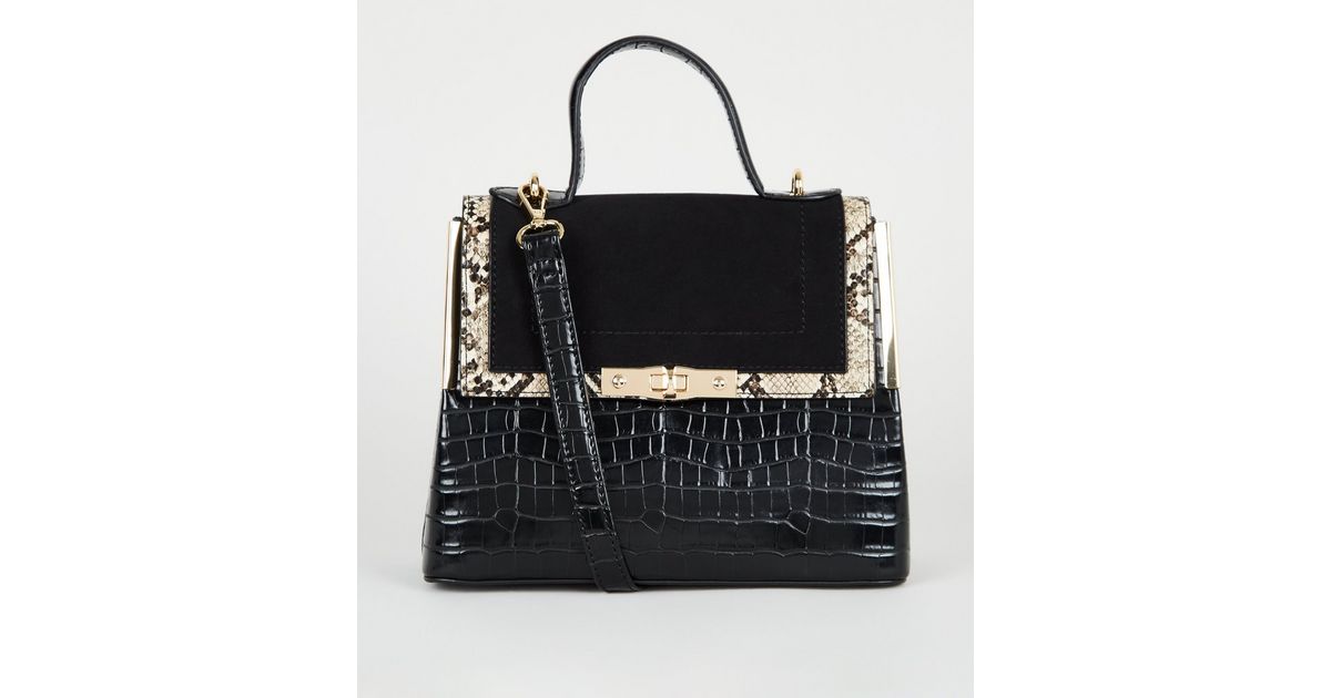 Black Faux Croc Top Handle Shoulder Bag New Look