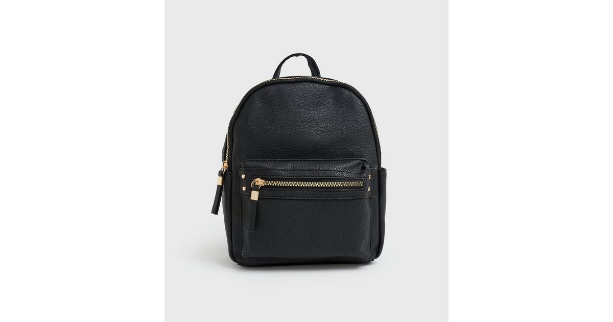 Mini Backpack Black Leather Look Rucksack Black Leather-Look Zip