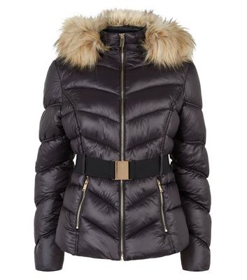 cameo rose black faux fur trim belted hooded puffer coat