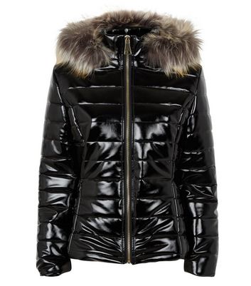 wet look puffer coat with fur hood