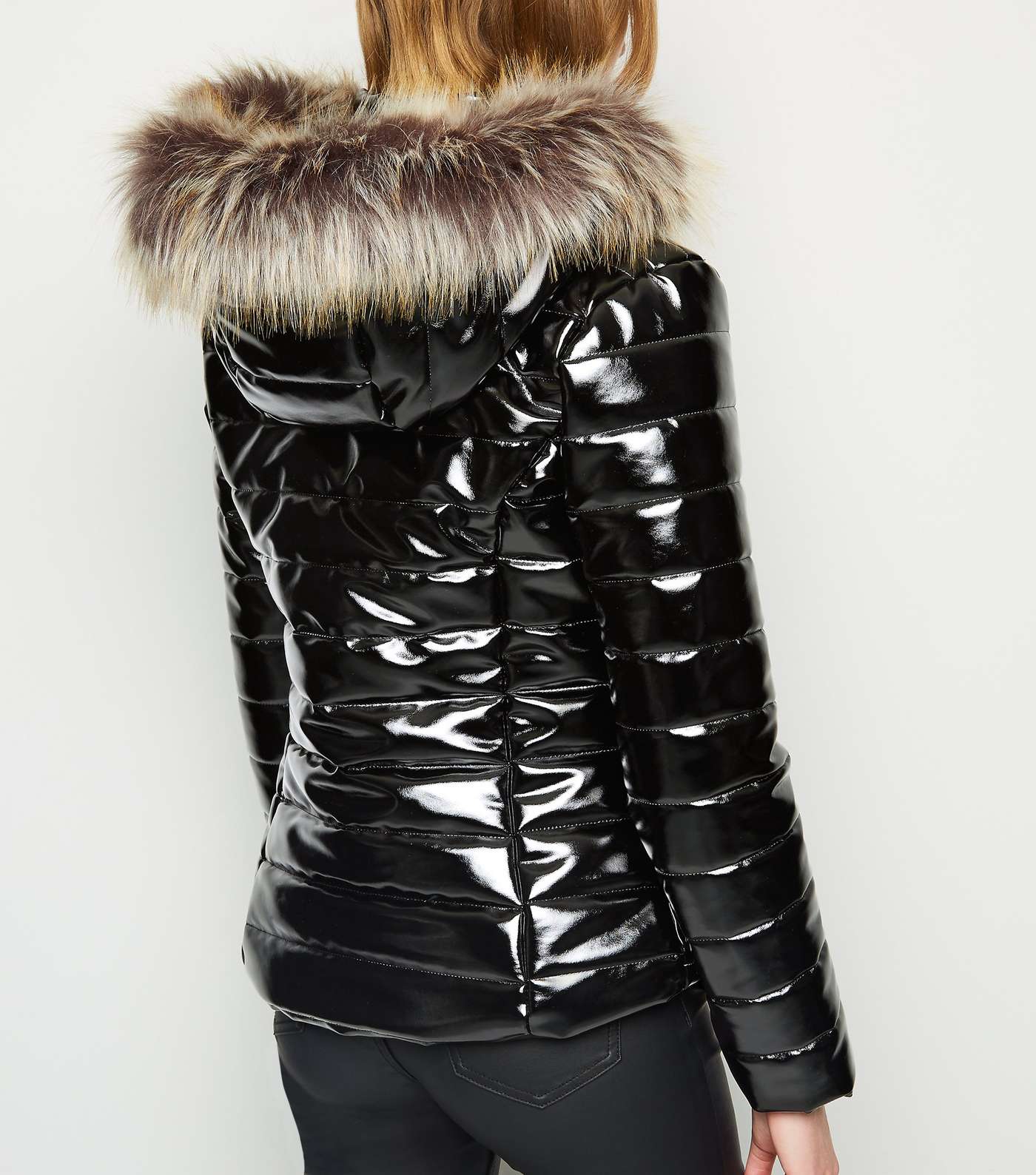 Cameo Rose Black Patent Faux Fur Trim Puffer Jacket Image 3