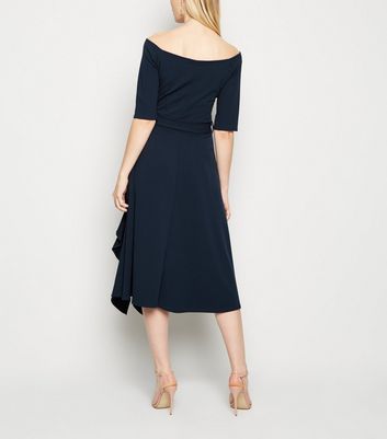 Image of Missfiga Navy Ruffle Wrap Bardot Dress New Look