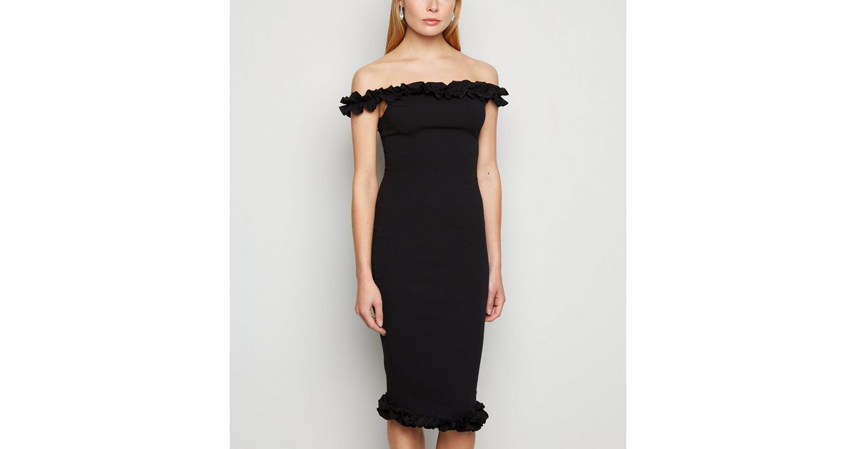 Missfiga Black Ruffle Bardot Midi Dress | New Look