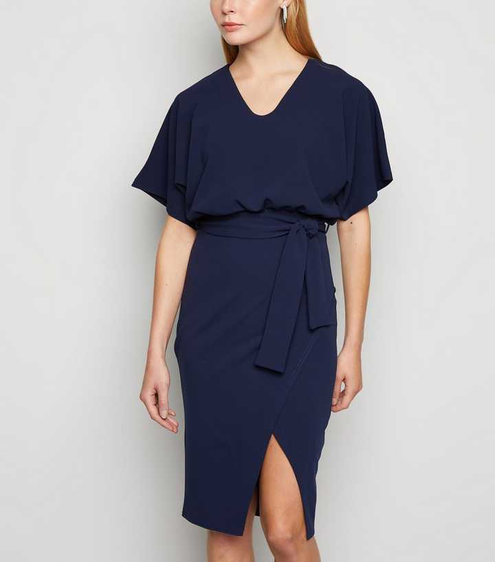 Missfiga Navy Batwing Belted Wrap Dress