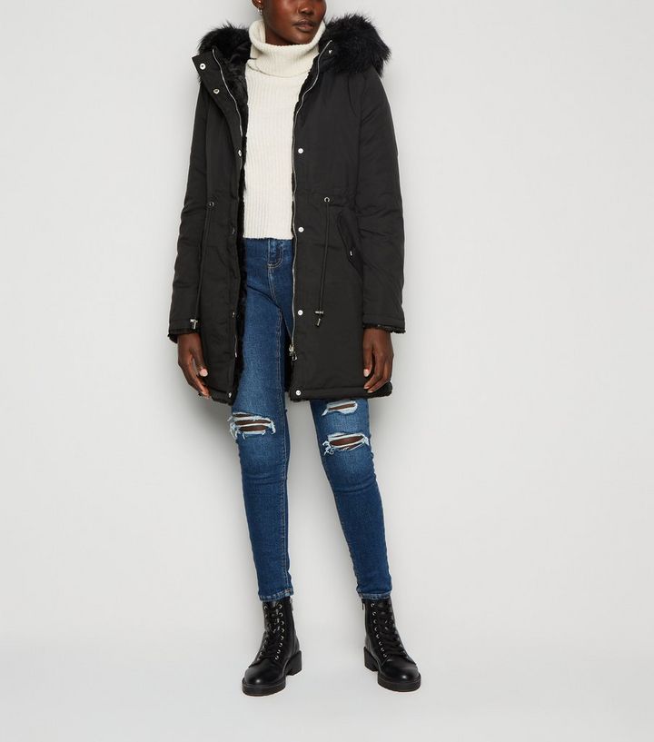 Qed Black Faux Fur Reversible Parka Coat New Look Qed Black Faux Fur Reversible Parka, Women S Fury Reversible Faux Fur Hooded Coat