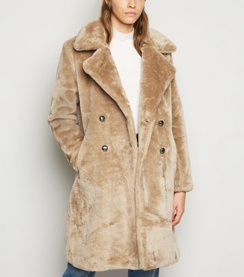 QED Camel Double Breasted Faux Fur Coat | New Look