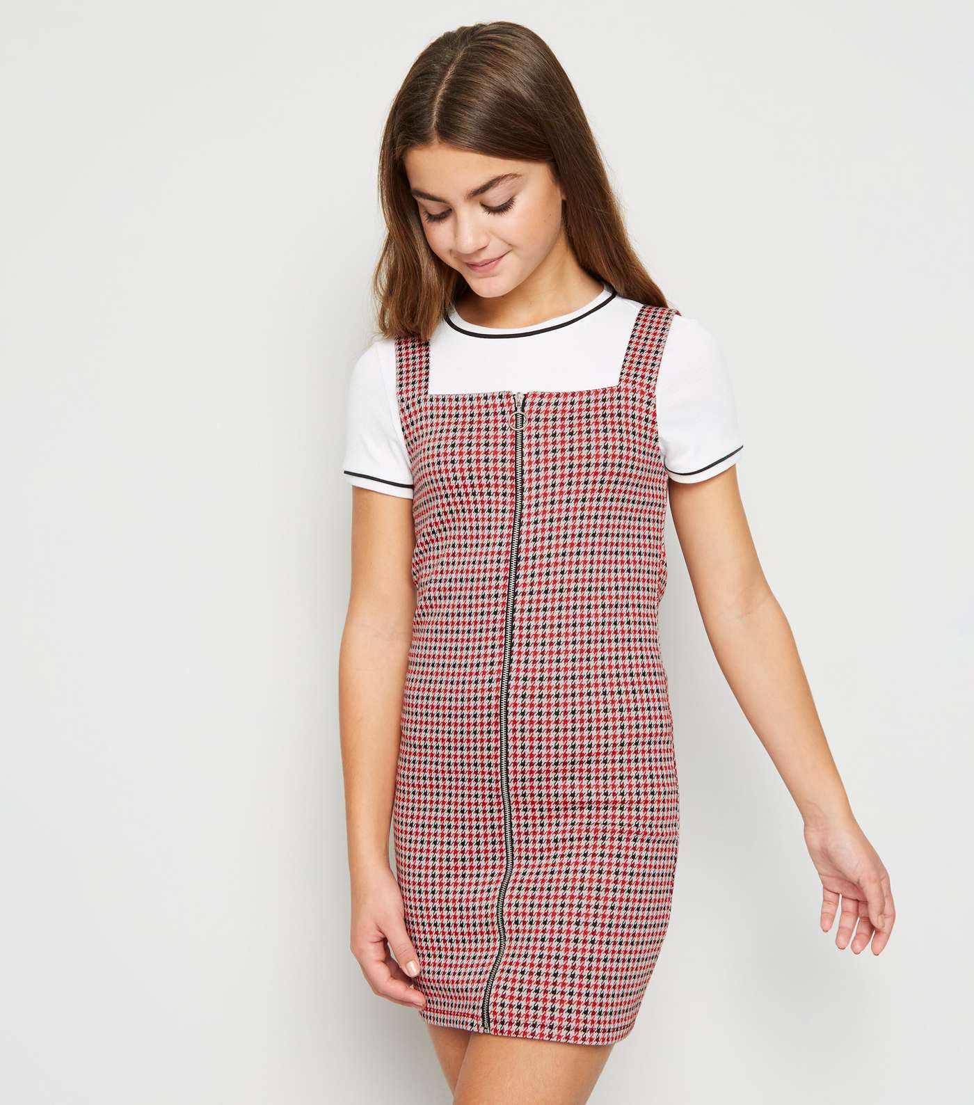 Girls Red Dogtooth Check Pinafore Dress