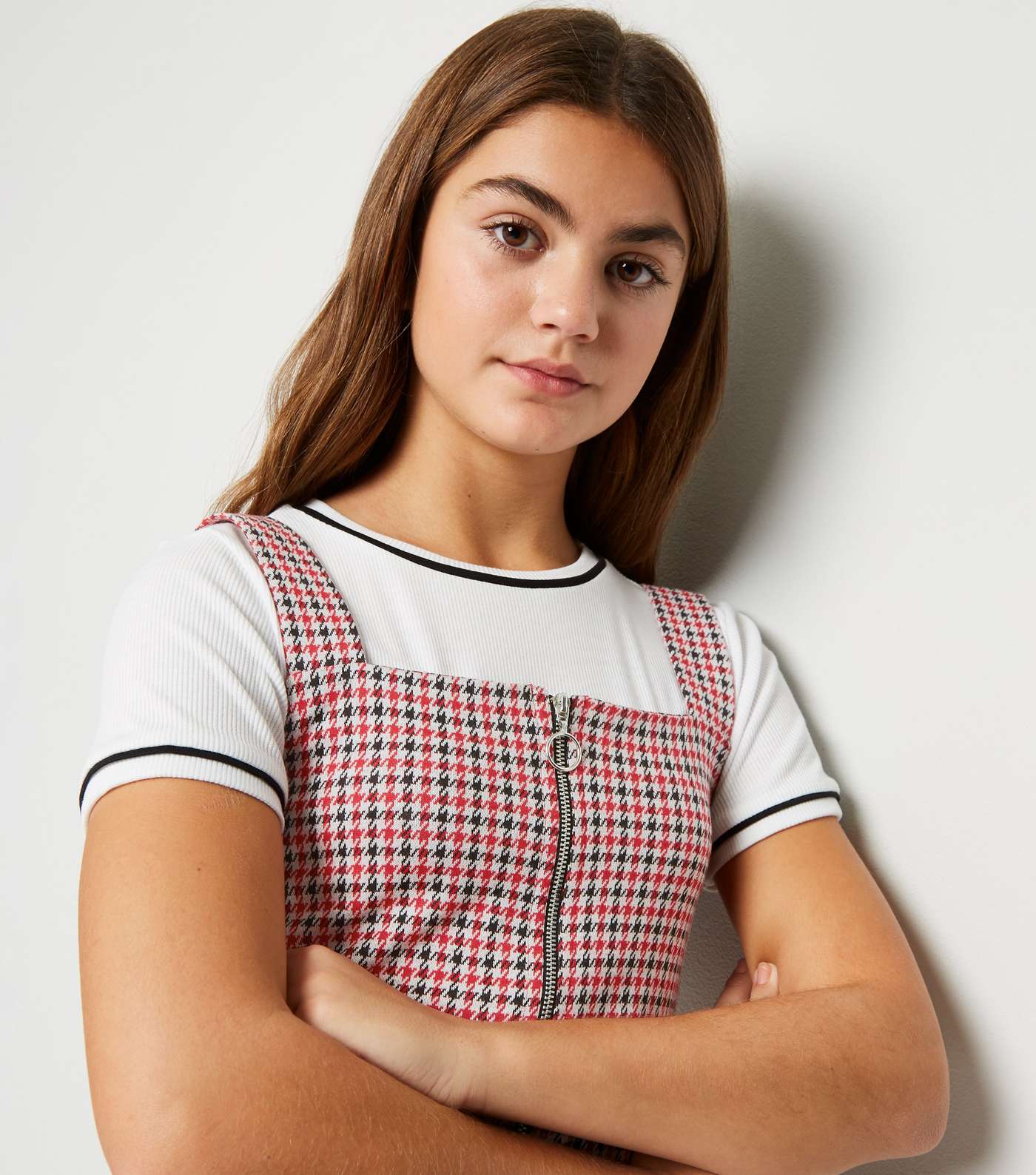 Girls Red Dogtooth Check Pinafore Dress Image 5
