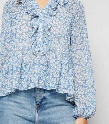 Blue Floral Frill Chiffon Blouse | New Look