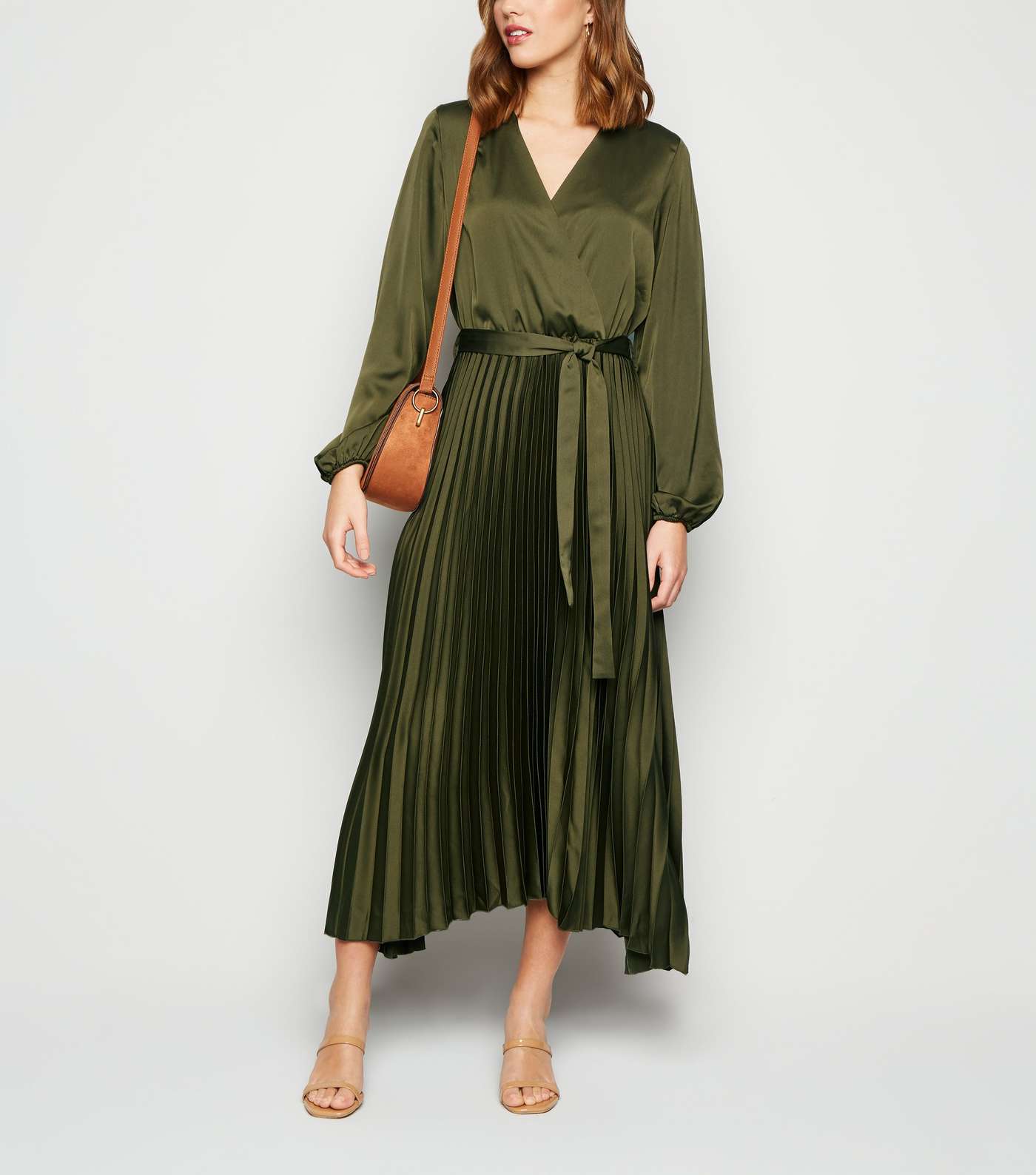 Green Satin Long Sleeve Wrap Midi Dress