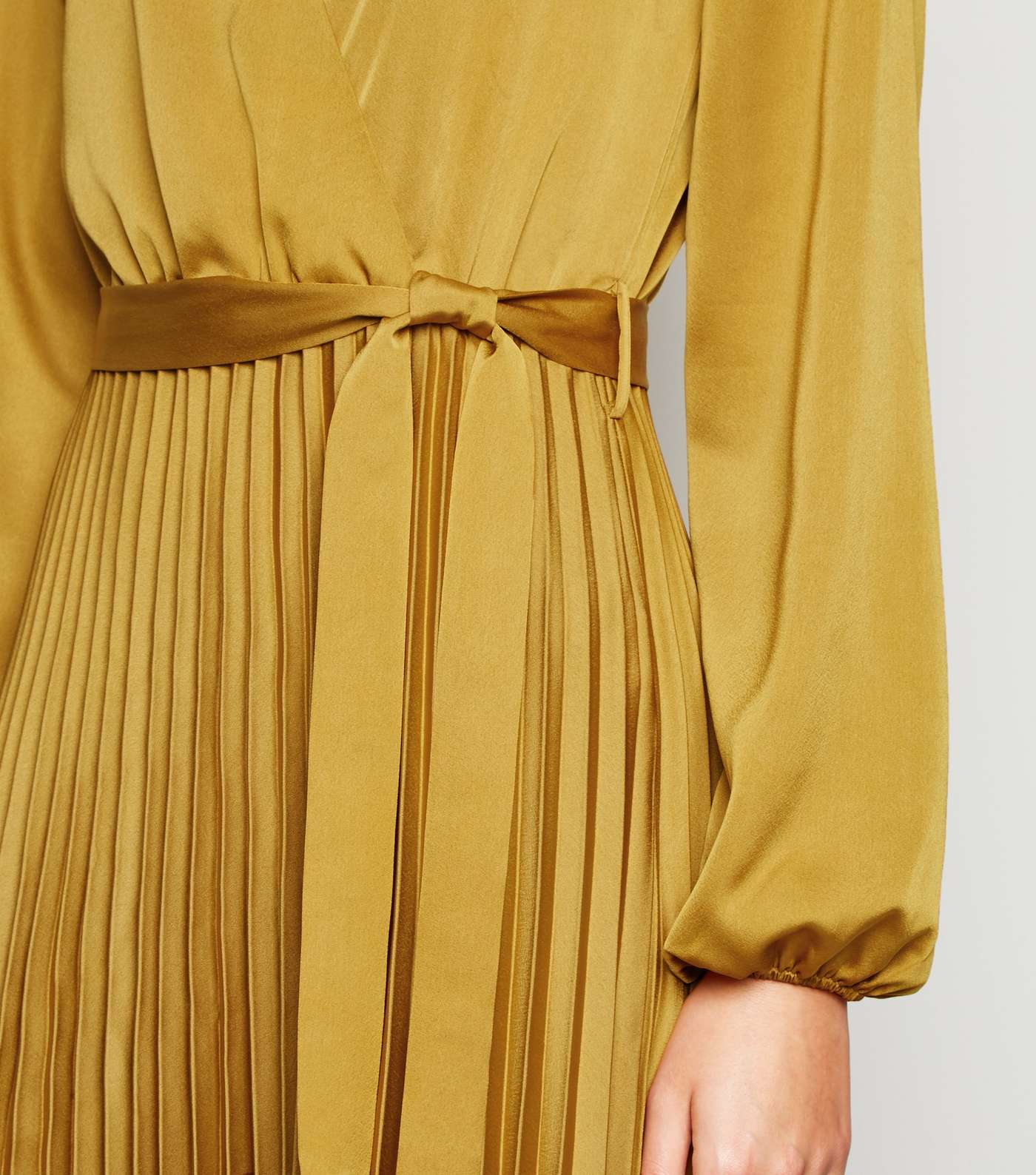 Mustard Satin Long Sleeve Wrap Midi Dress Image 3