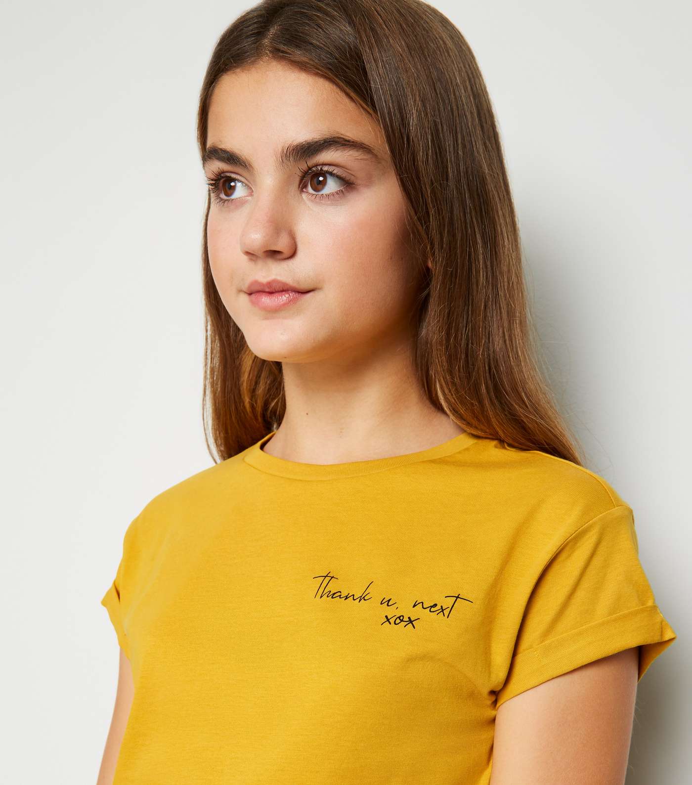 Girls Mustard Thank You Next Slogan T-Shirt Image 5