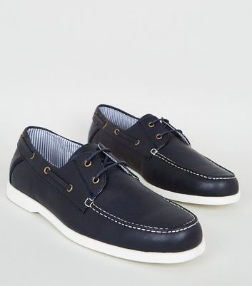 Image of Navy Leather-Look Boat Shoes New Look