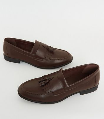 Image of Dark Brown Leather-Look Tassel Trim Loafers New Look Vegan