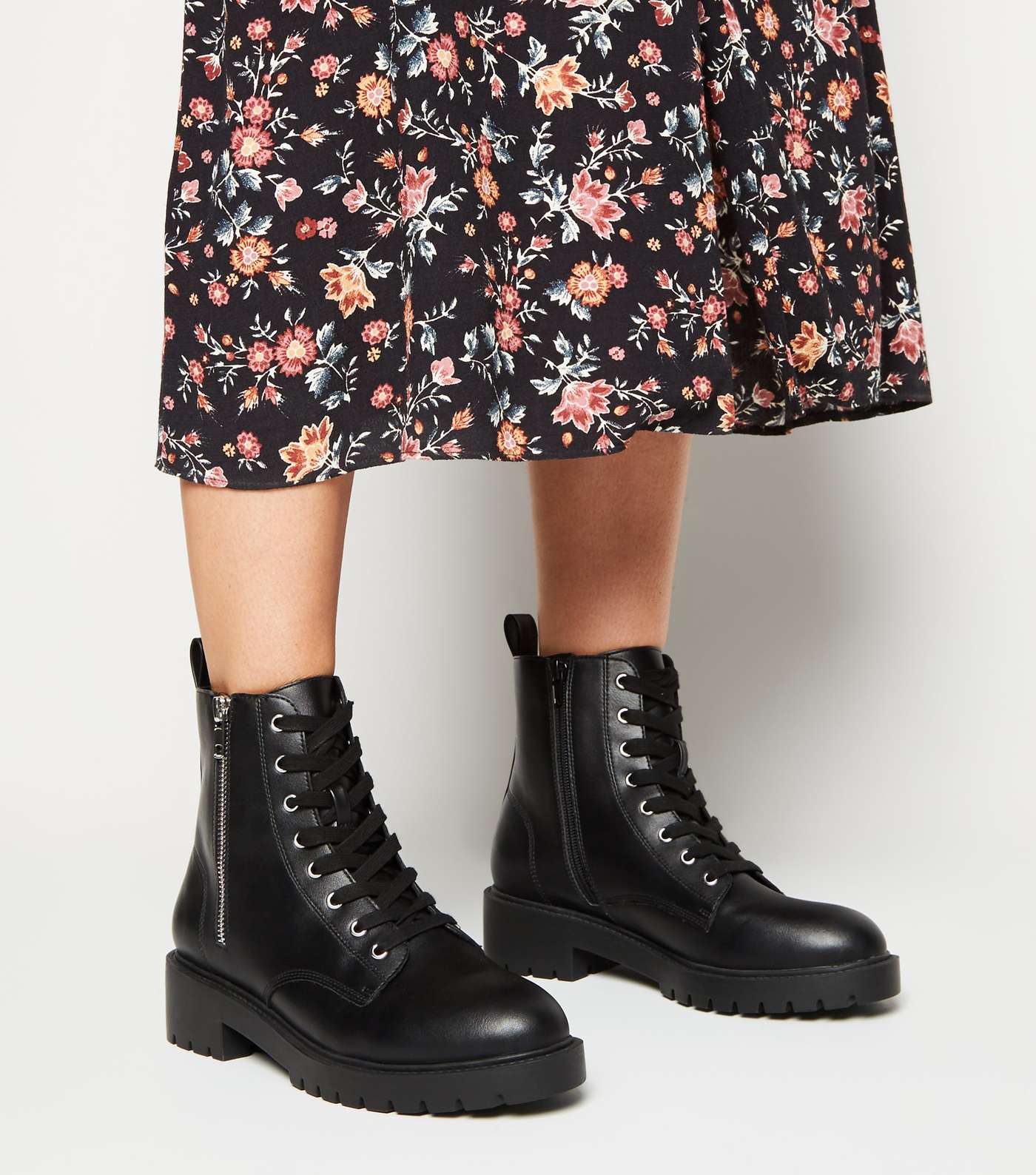 Black Leather-Look Side Zip Chunky Boots Image 2
