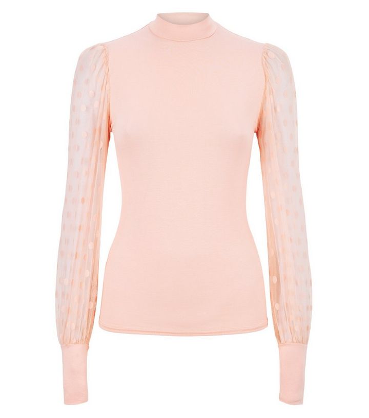 Top Rose Pale A Manches En Tulle A Pois Et Col Haut New Look