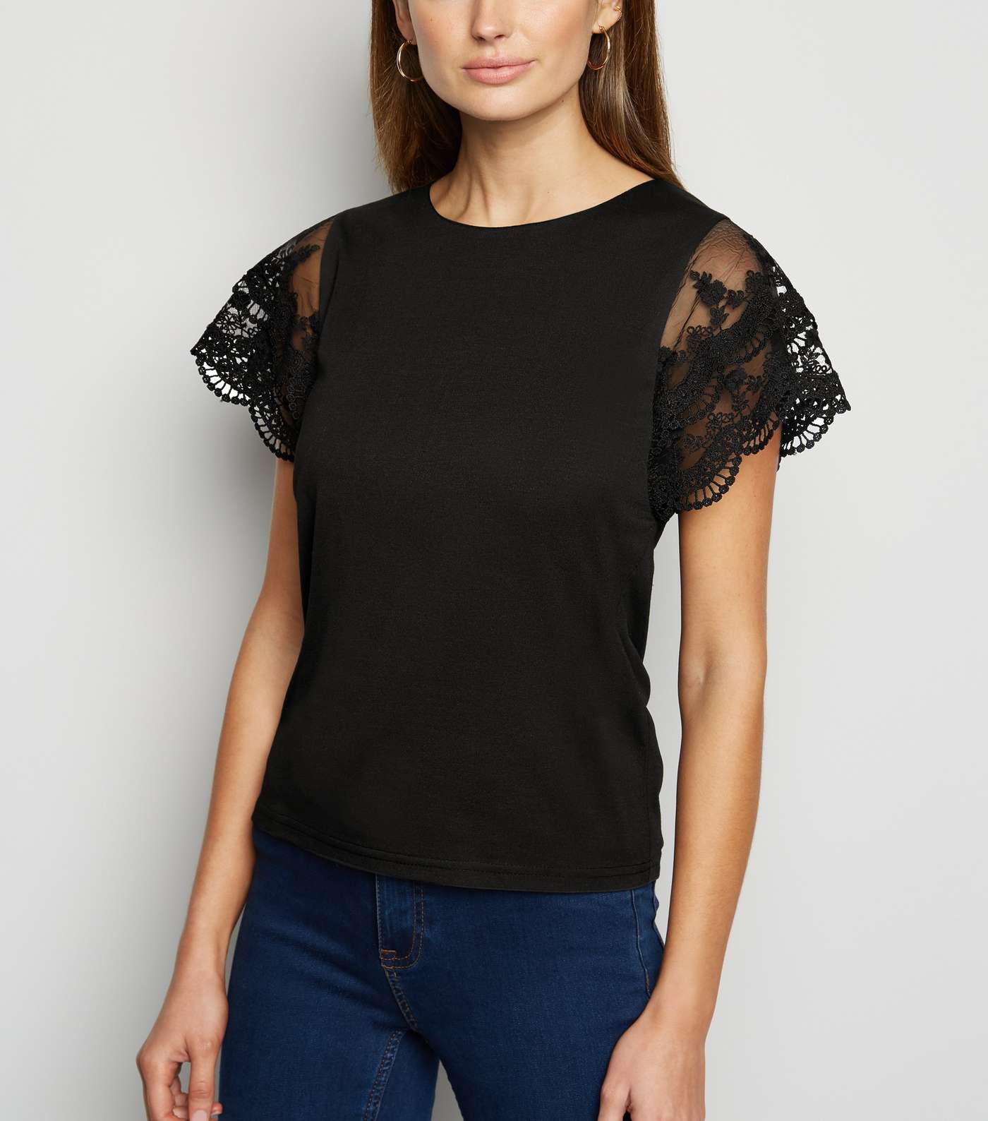 Black Embroidered Mesh Frill Sleeve Top