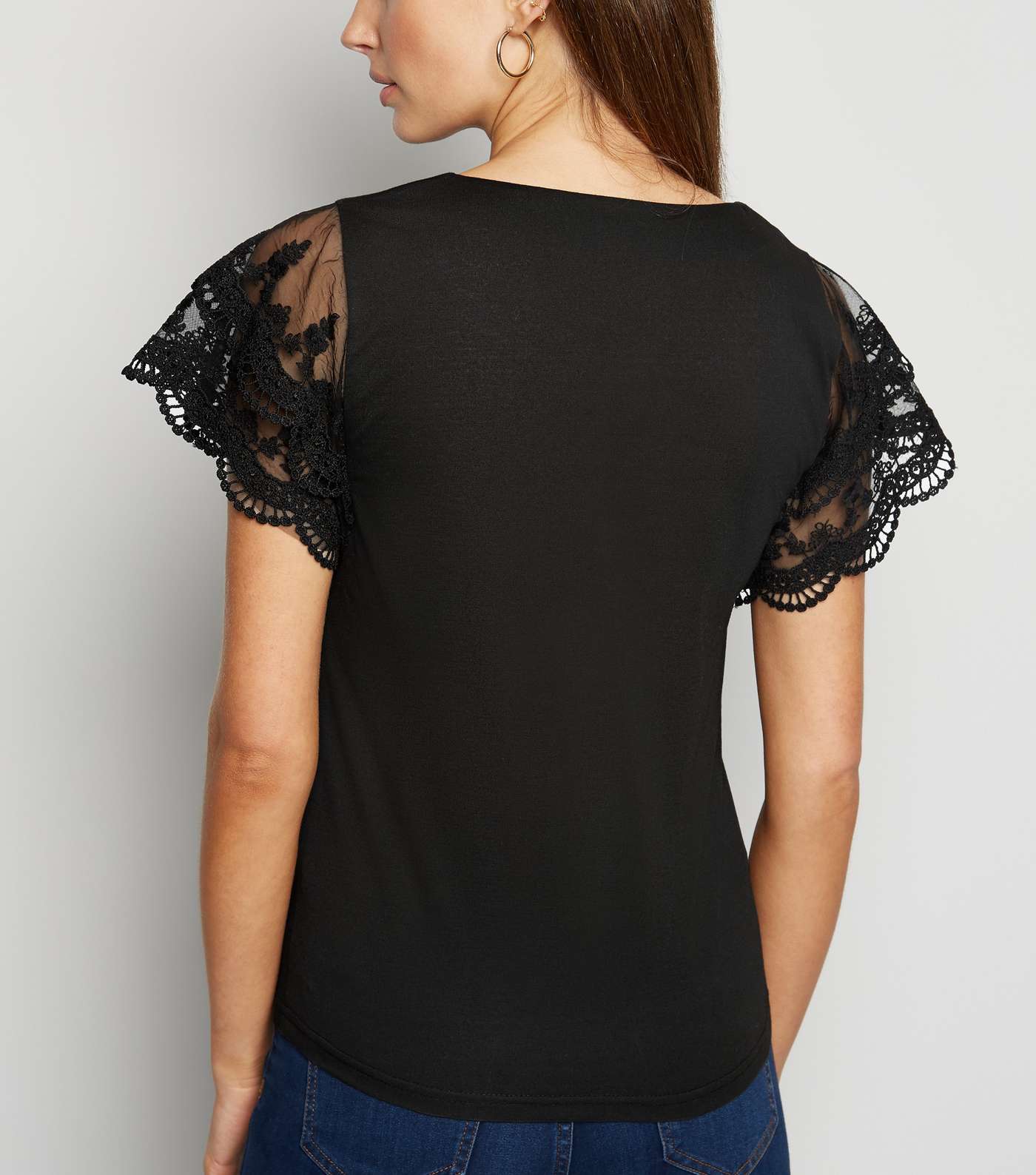 Black Embroidered Mesh Frill Sleeve Top Image 3