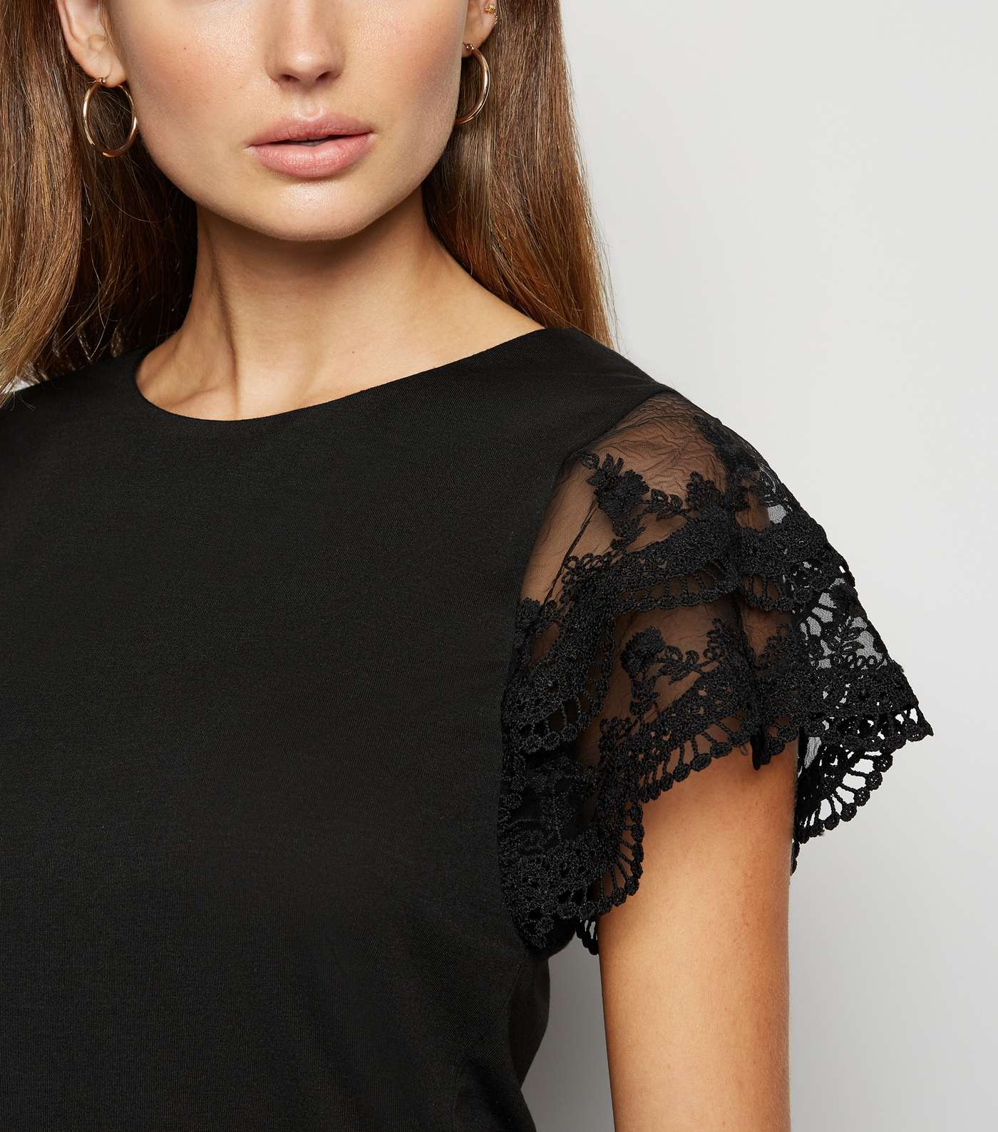 Black Embroidered Mesh Frill Sleeve Top Image 5