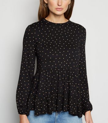 Black Spot Long Sleeve Peplum Top | New Look