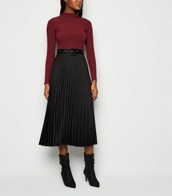 Black Belted Pleated Satin Midi Skirt | New Look