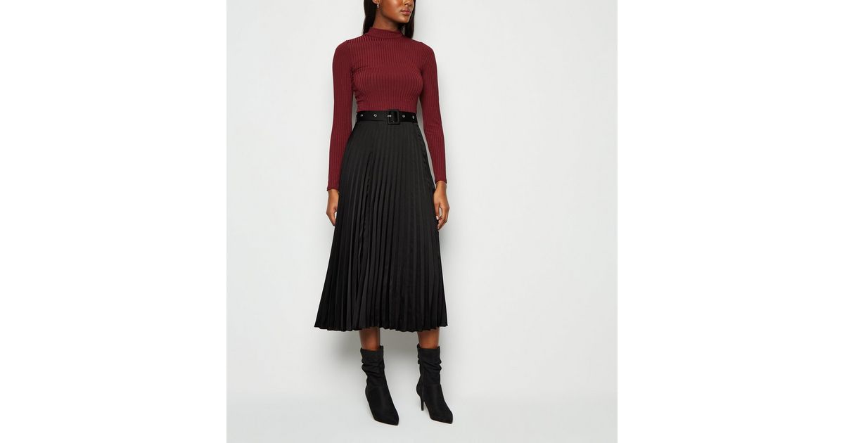 Black Belted Pleated Satin Midi Skirt | New Look