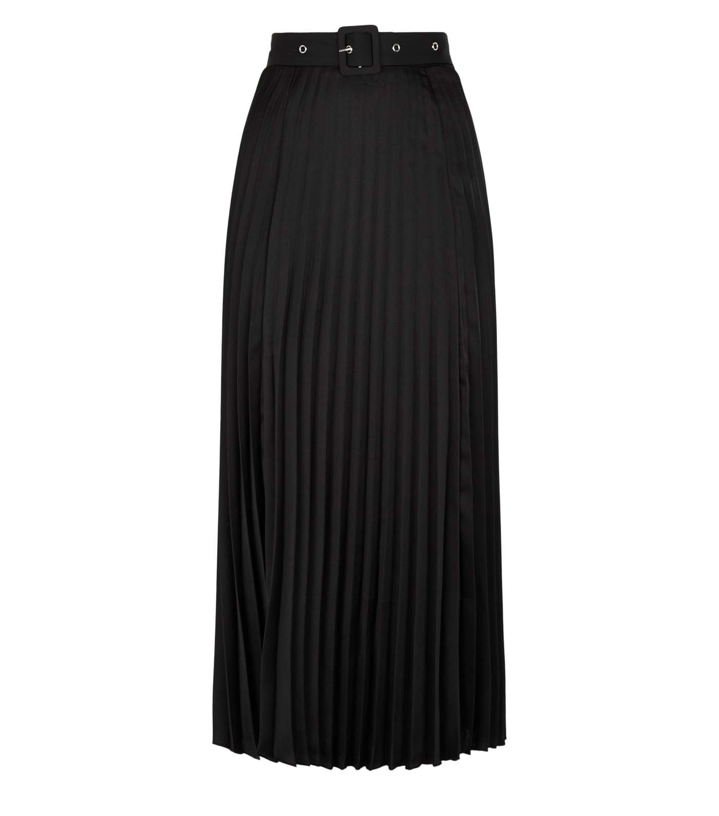 Black Belted Pleated Satin Midi Skirt Image 4
