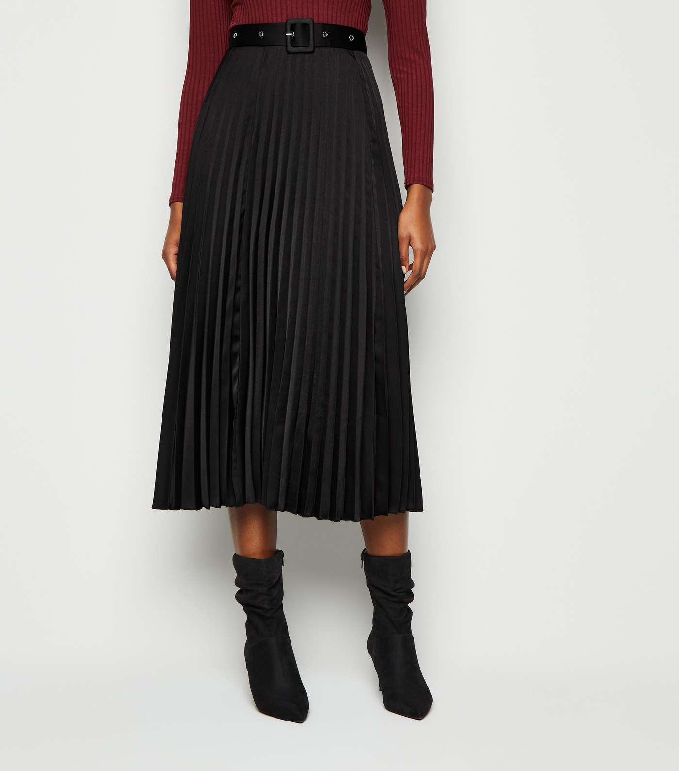 Black Belted Pleated Satin Midi Skirt Image 2