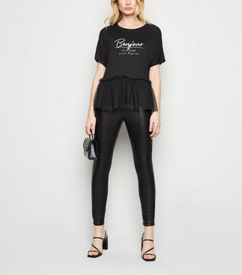 Image of Black Mesh Peplum Bonjour Slogan T-Shirt New Look