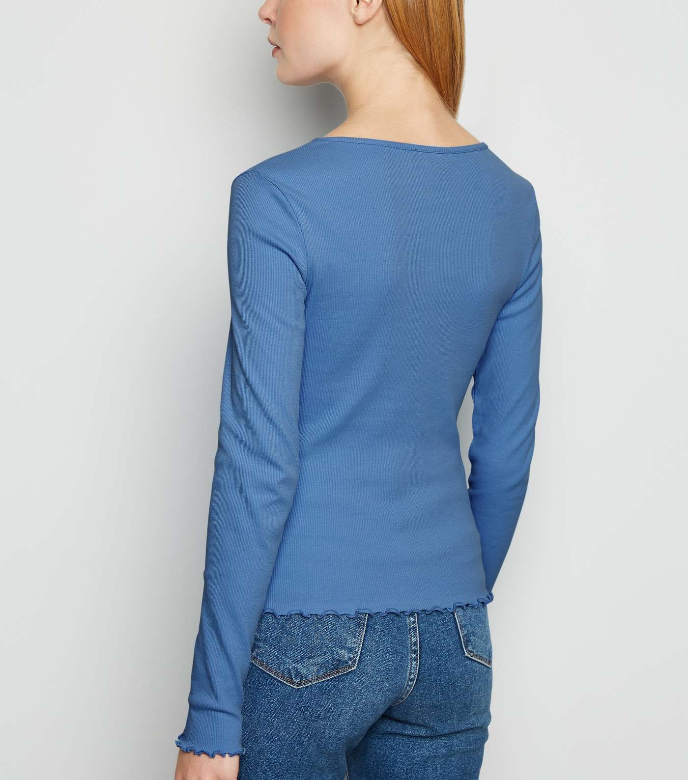 Blue Frill Ribbed Long Sleeve Top Image 3