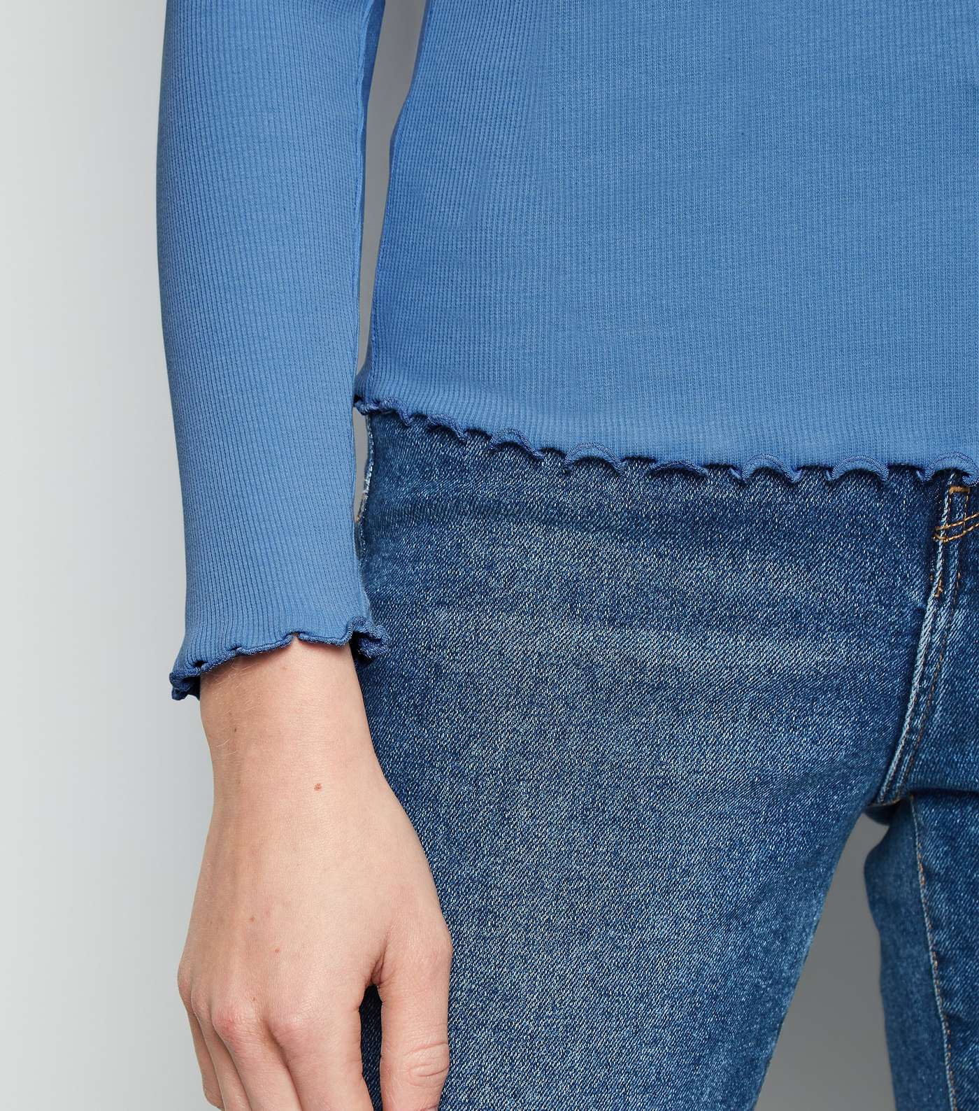 Blue Frill Ribbed Long Sleeve Top Image 5