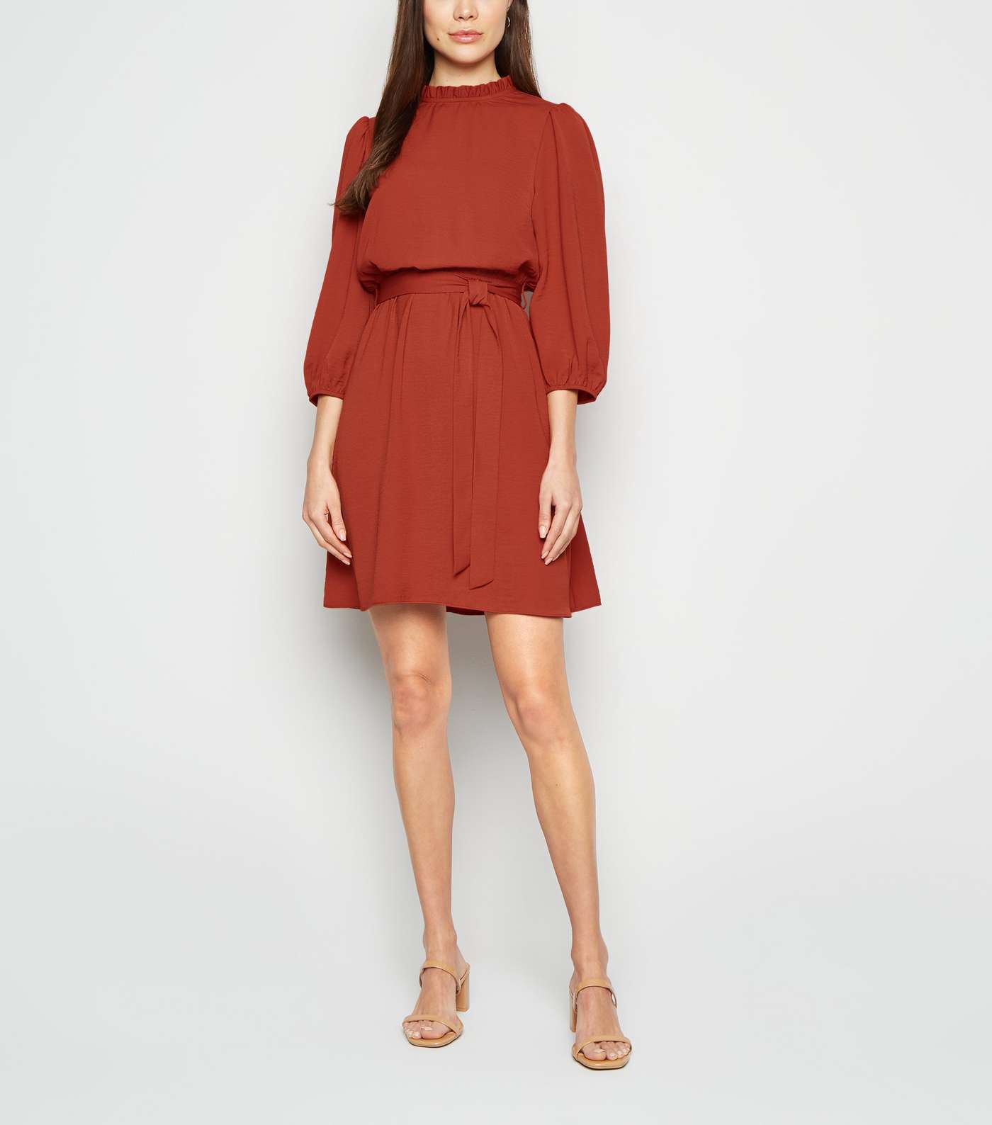 Rust Frill Neck Belted Mini Dress Image 2