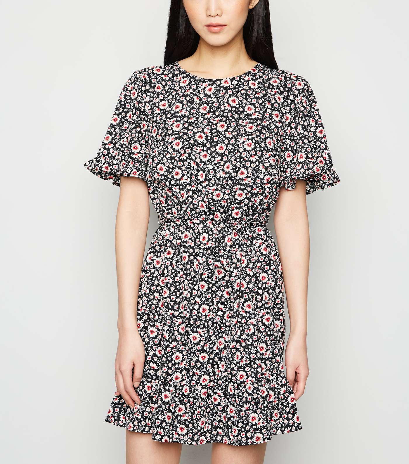 Black Floral Frill Sleeve Mini Dress