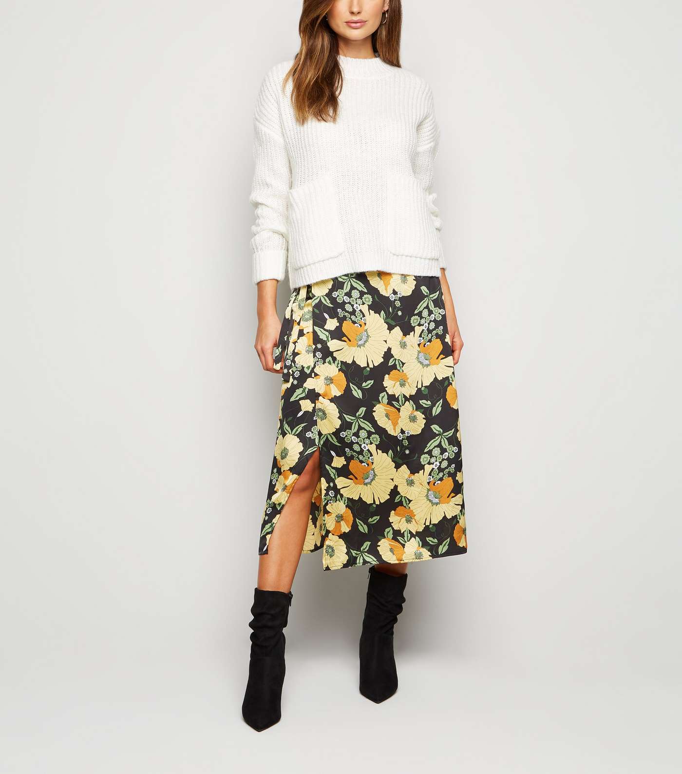 Urban Bliss Black Satin Floral Wrap Midi Skirt