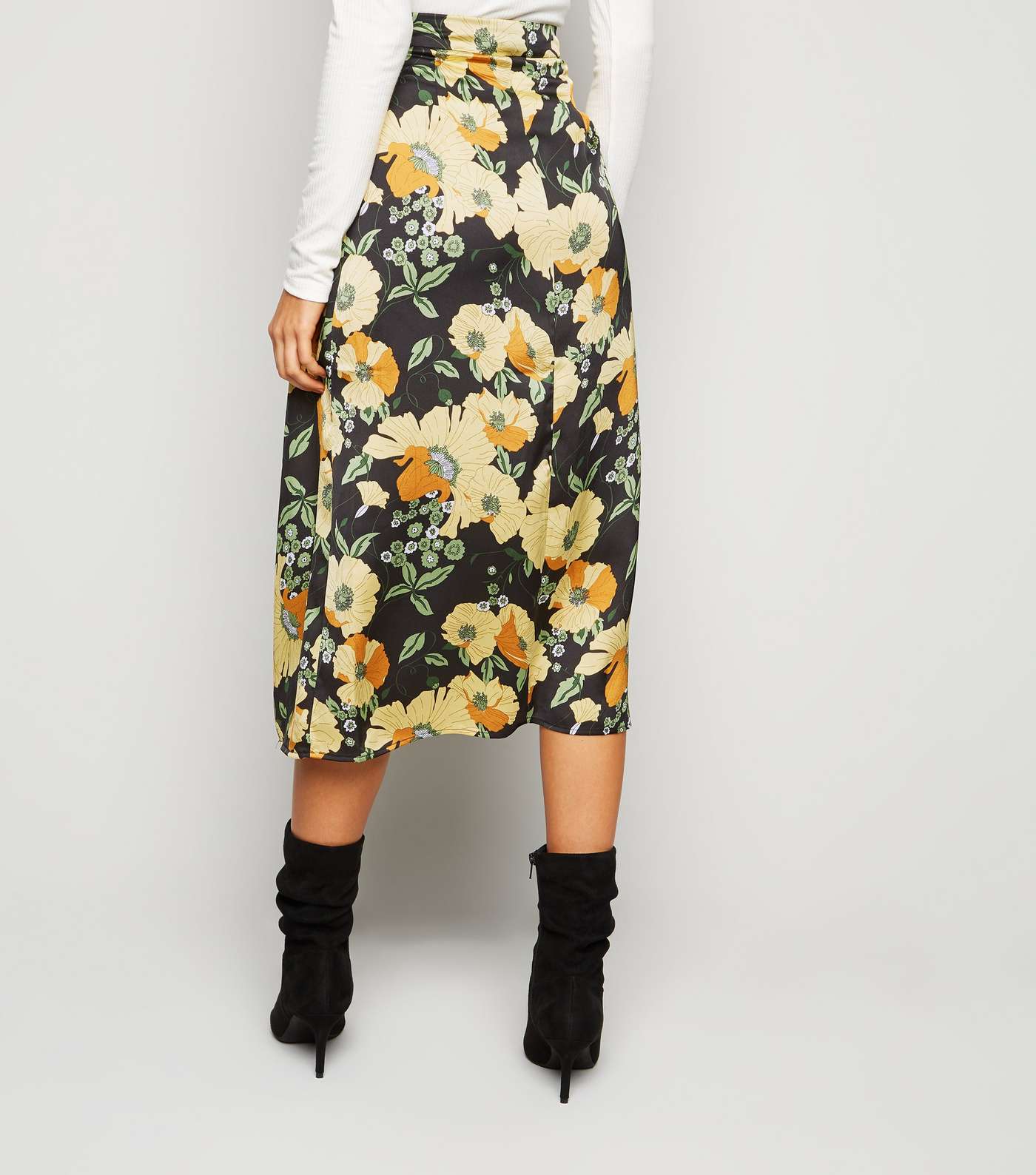 Urban Bliss Black Satin Floral Wrap Midi Skirt Image 3