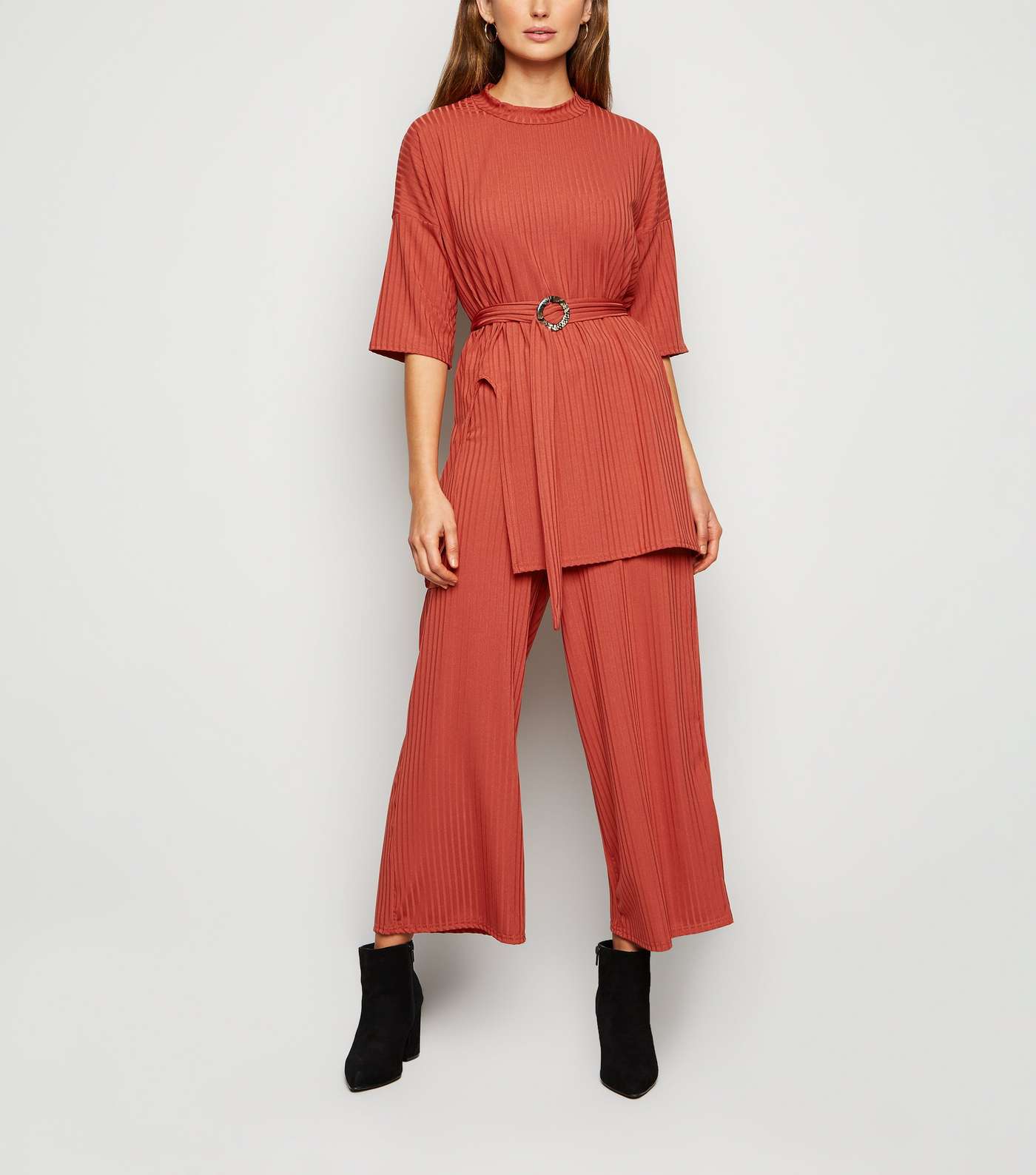 Urban Bliss Rust Ribbed Wide Leg Crop Trousers
