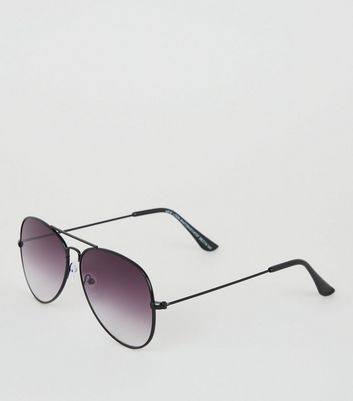 Image of Black Thin Frame Pilot Sunglasses New Look