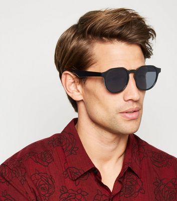 Image of Black Slim Frame Round Sunglasses New Look