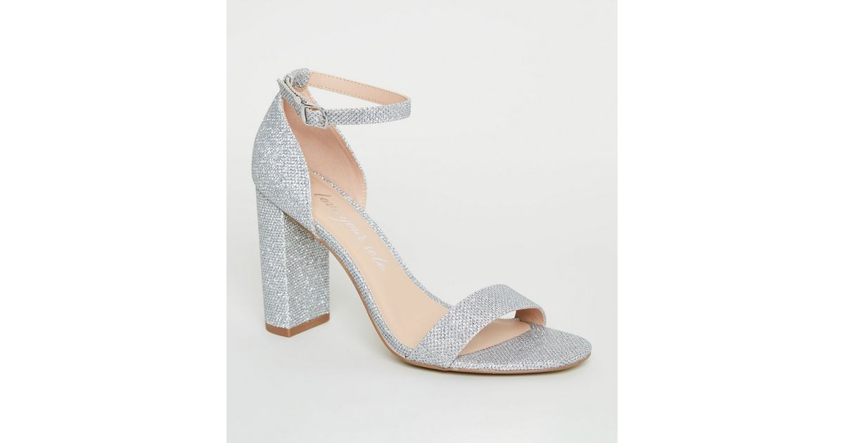 Wide Fit Silver Glitter 2 Block Heels | New Look