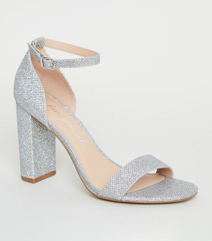 Juno Glitter Back Barely There Block Heels In Silver ($45) Heels, Prom ...