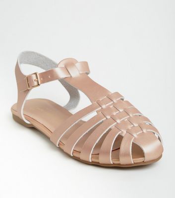Image of Rose Gold Leather-Look Caged Flat Sandals New Look Vegan