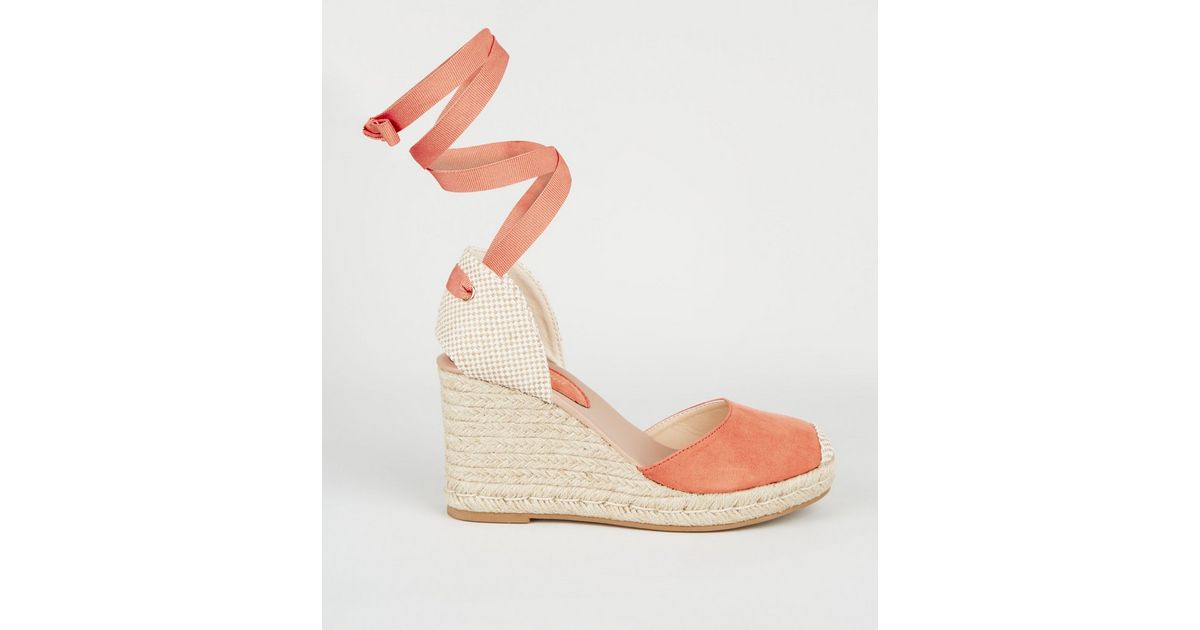 Coral Ribbon Ankle Espadrille Wedges New