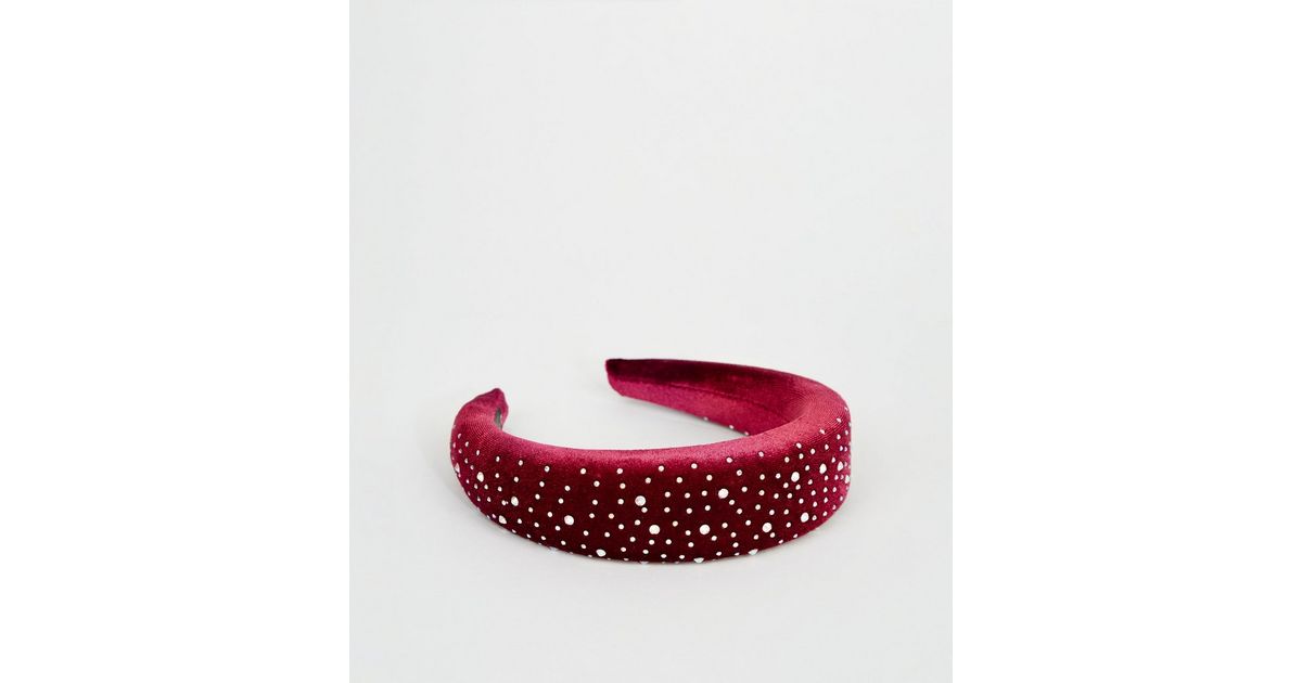 Burgundy Velvet Diamanté Embellished Padded Headband New Look