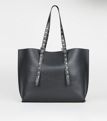 Black Leather-Look Stud Strap Tote Bag | New Look