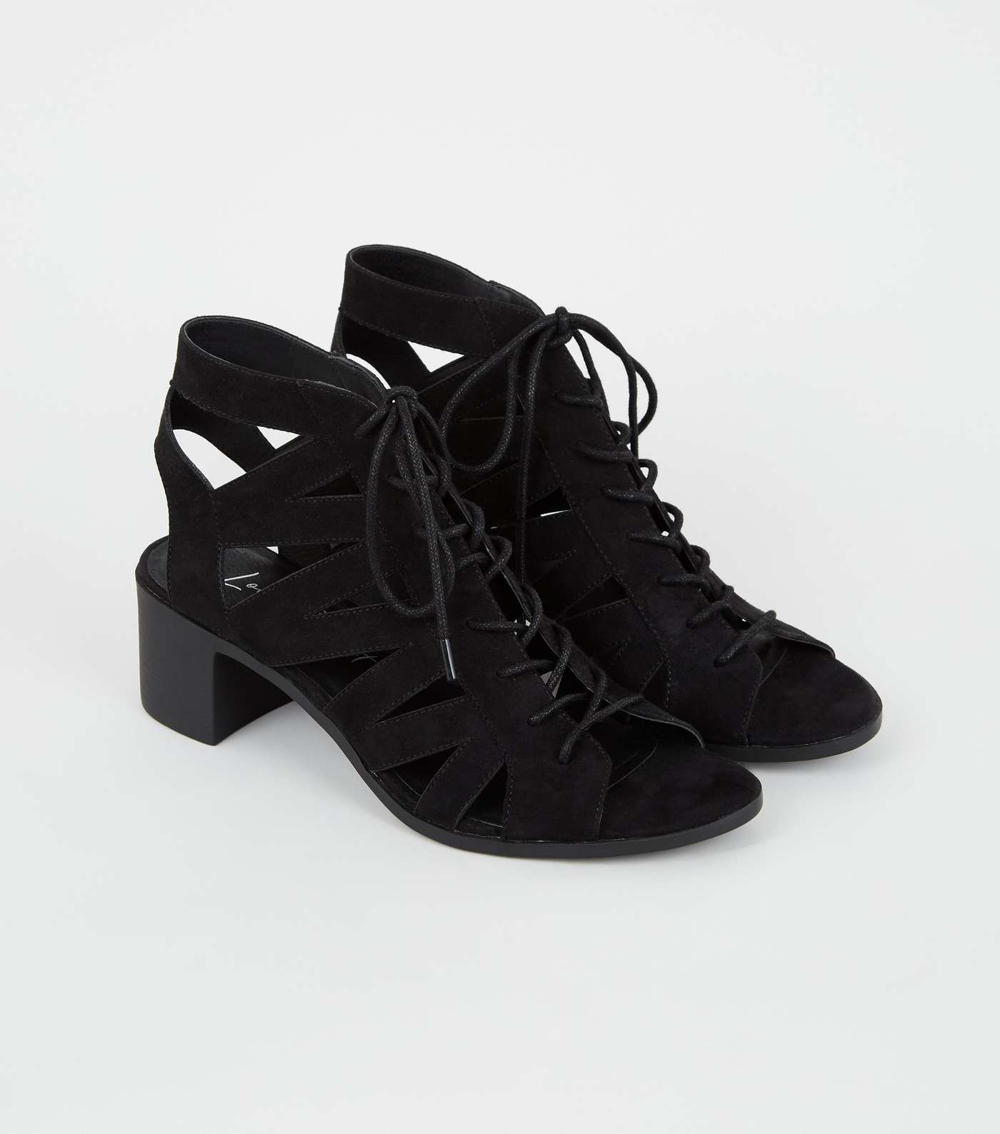 Black Suedette Lace Up Ghillie Block Heel Sandals Image 4
