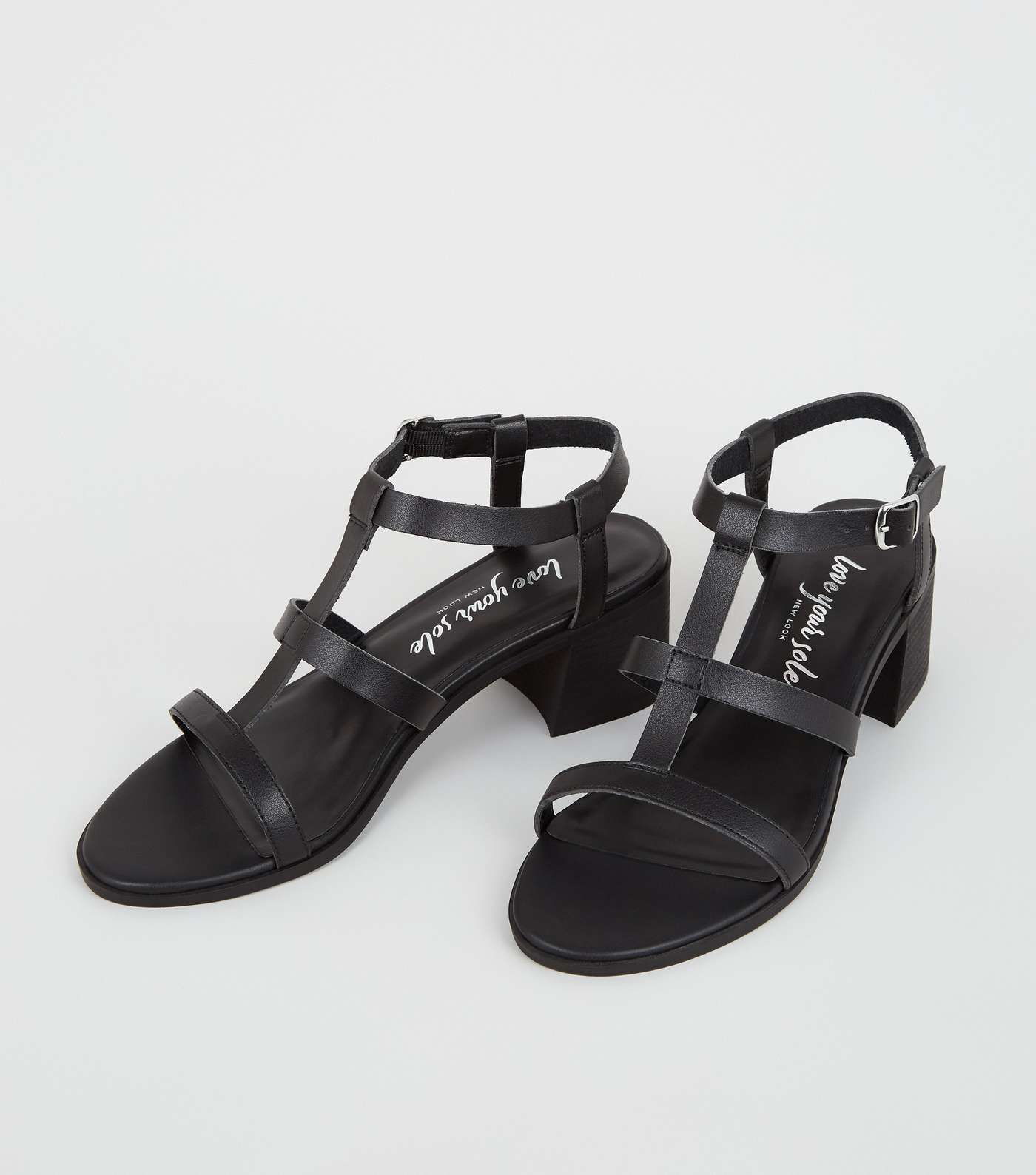 Black Leather-Look Block Heel Gladiator Sandals Image 4