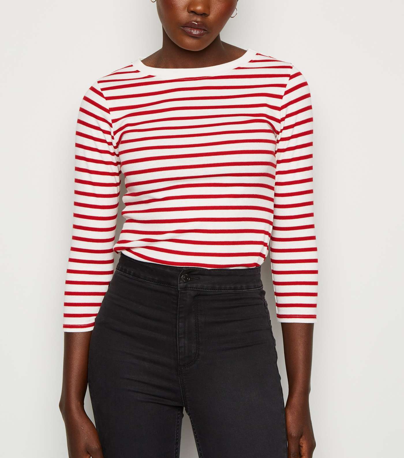 Red Stripe Ribbed 3/4 Sleeve T-Shirt
