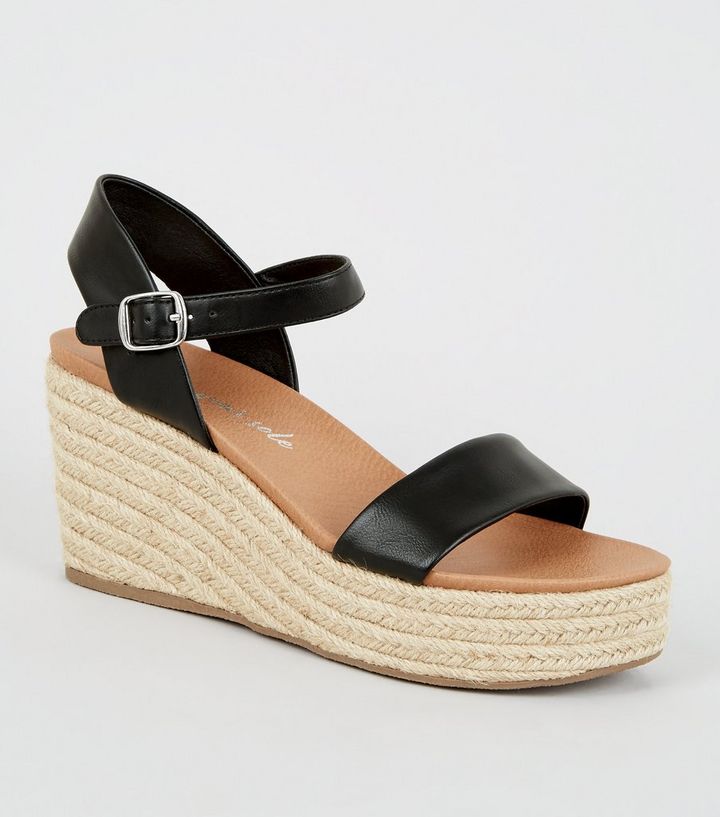Black Leather-Look Espadrille Wedges | New
